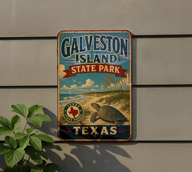 A vintage-style metal sign for Galveston Island State Park in Texas, featuring a turtle and beach scene.