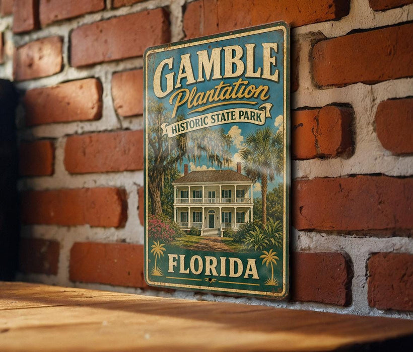 A vintage-style metal sign for Gamble Plantation Historic State Park in Florida, featuring an illustration of a historic house surrounded by palm trees.