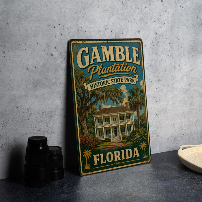 A vintage-style metal sign for Gamble Plantation Historic State Park in Florida, featuring an illustration of a historic plantation house surrounded by palm trees.