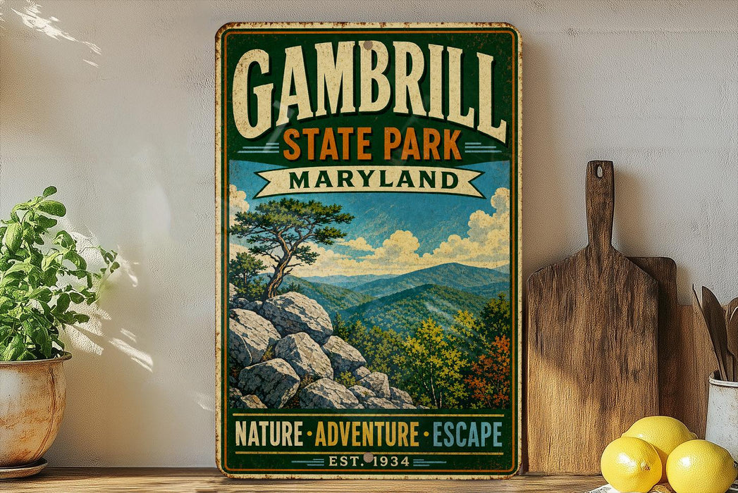A vintage-style metal sign for Gambrill State Park, Maryland, featuring a scenic mountain landscape with pine trees and rocky outcroppings.