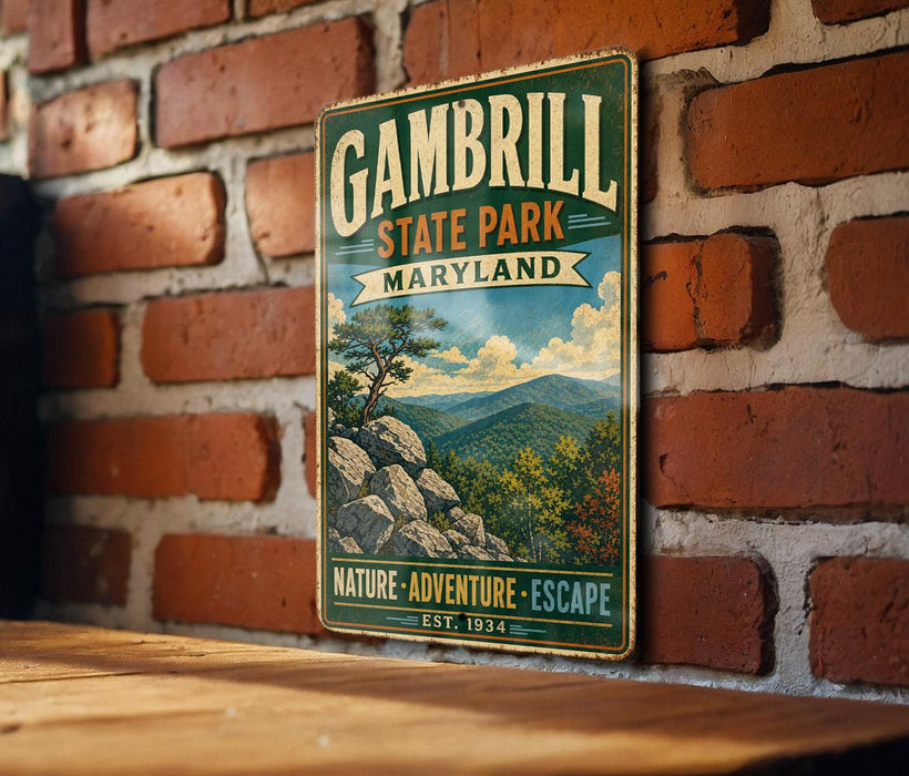 A vintage metal sign for Gambrill State Park, Maryland, featuring a scenic mountain landscape with a pine tree and rocks.