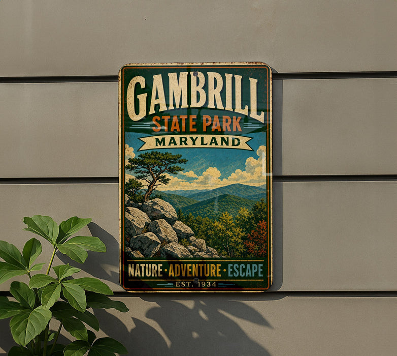 A vintage metal sign for Gambrill State Park, Maryland, featuring a scenic mountain landscape with a pine tree and rocky outcropping.