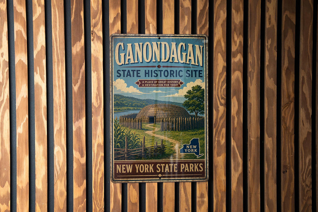 A vintage-style metal sign for the Gondagan State Historic Site, featuring an illustration of a Native American structure surrounded by a wooden fence and a scenic landscape.