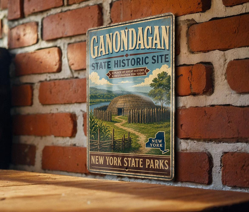 A vintage-style metal sign for the Gondagan State Historic Site, featuring an illustration of a Native American teepee and a path leading to the site.