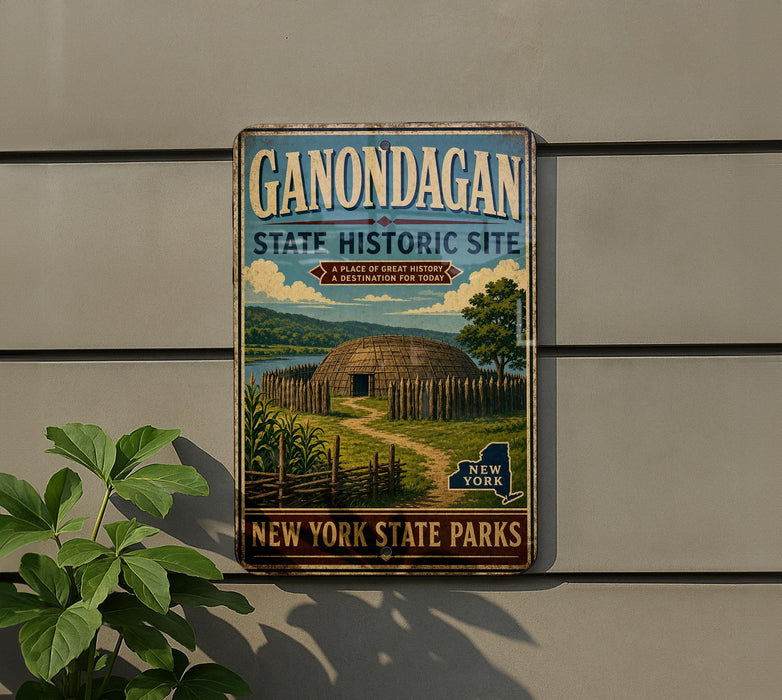 A vintage-style metal sign for the Ganondagan State Historic Site, featuring a depiction of a Native American structure surrounded by a wooden fence and a scenic landscape.