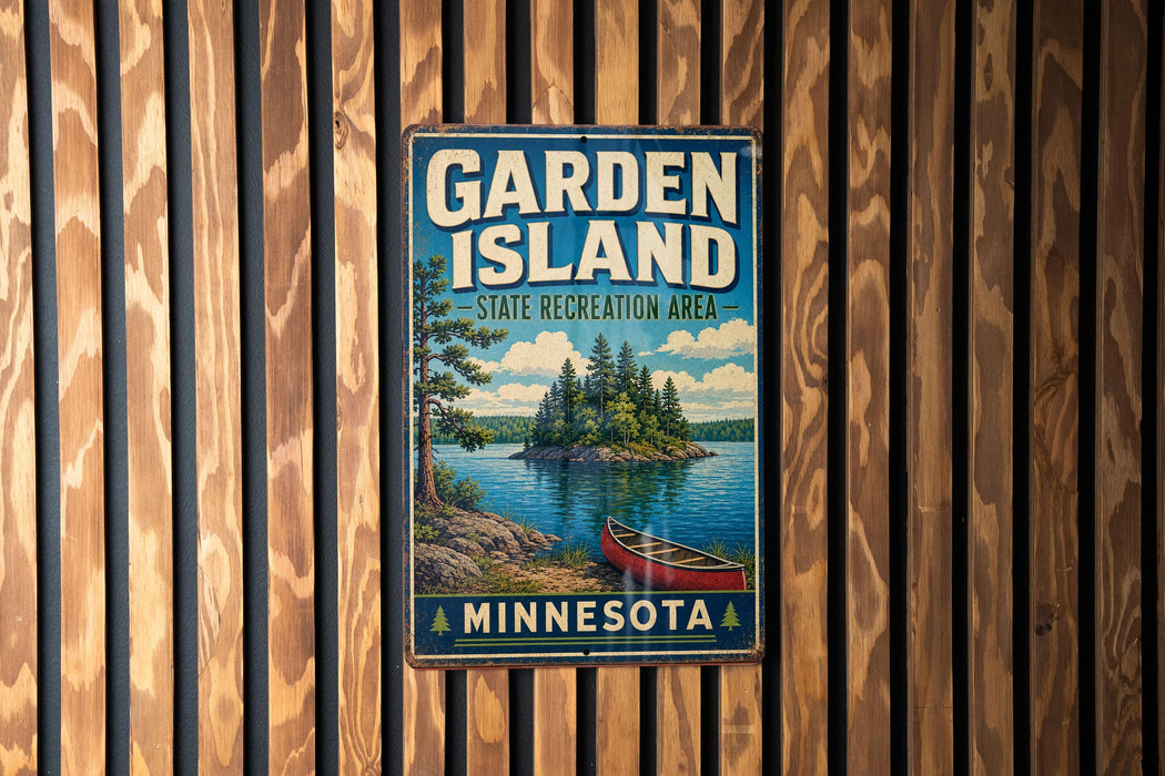 A vintage-style metal sign for the Garden Island State Recreation Area in Minnesota, featuring a scenic illustration of a lake, island, and canoe.