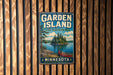 A vintage-style metal sign for the Garden Island State Recreation Area in Minnesota, featuring a scenic illustration of a lake, island, and canoe.