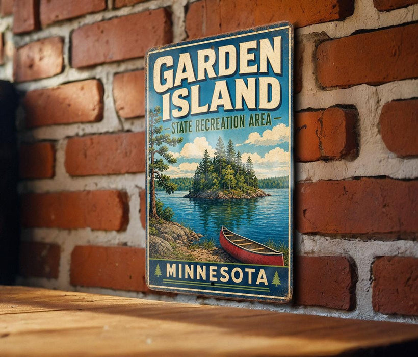 A vintage-style sign for the Garden Island State Recreation Area in Minnesota, featuring a scenic image of a lake, island, and canoe.