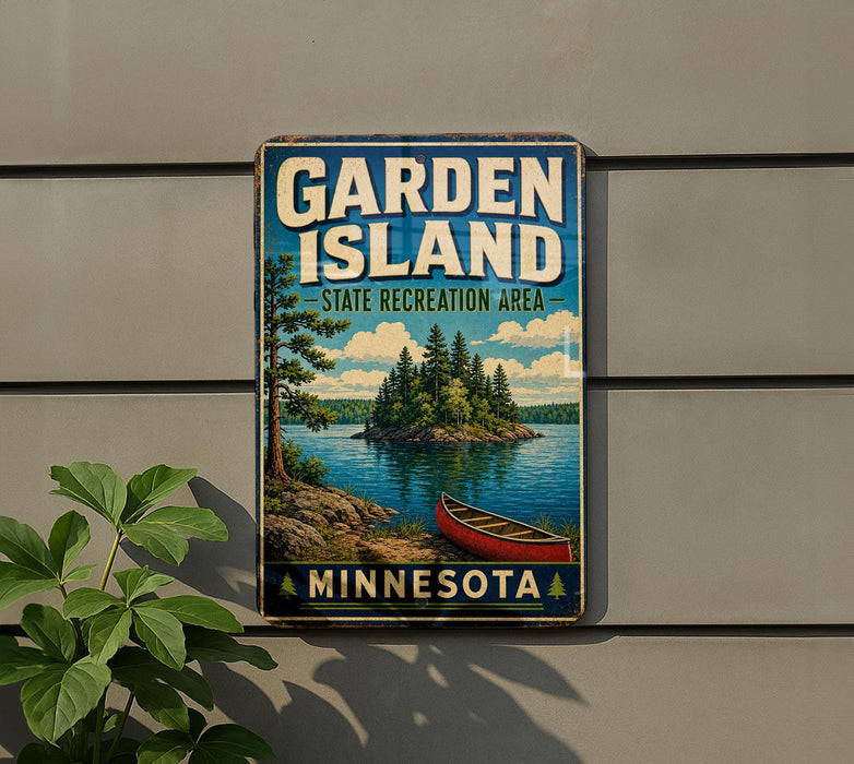 A vintage-style metal sign for the Garden Island State Recreation Area in Minnesota, featuring a scenic image of a lake, a canoe, and a forested island.