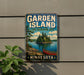 A vintage-style metal sign for the Garden Island State Recreation Area in Minnesota, featuring a scenic image of a lake, a canoe, and a forested island.