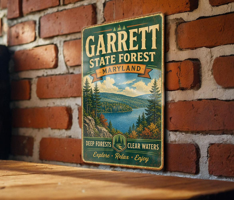 A vintage metal sign for Garrett State Forest, Maryland, featuring a scenic landscape with pine trees, a lake, and mountains.