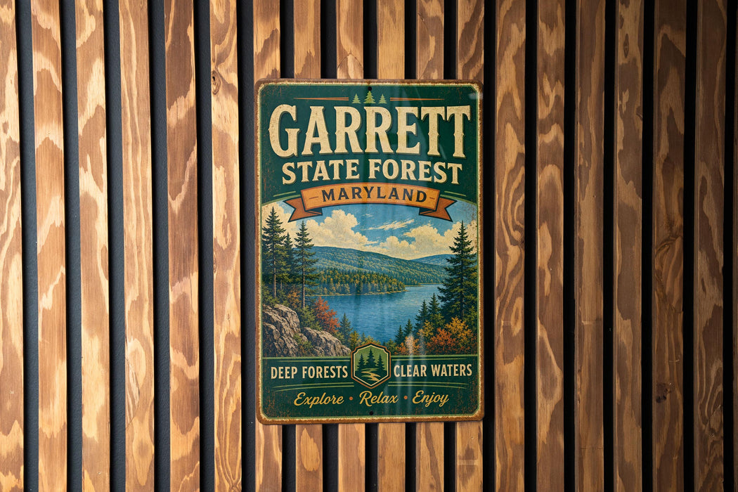 A vintage metal sign for Garrett State Forest, Maryland, mounted on a wooden wall.