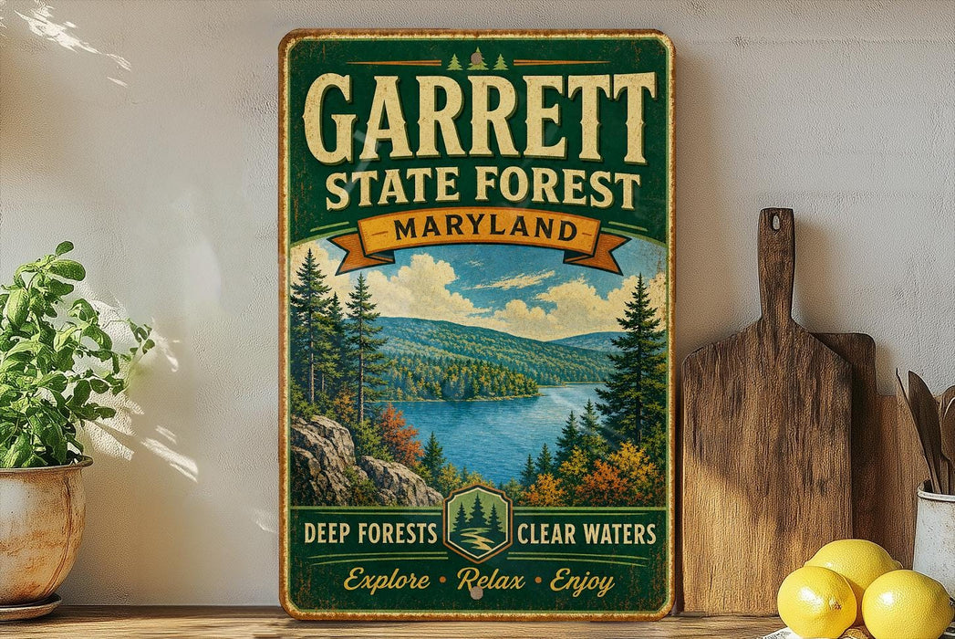 A vintage-style sign for Garrett State Forest, Maryland, featuring a scenic landscape with pine trees, a lake, and mountains.