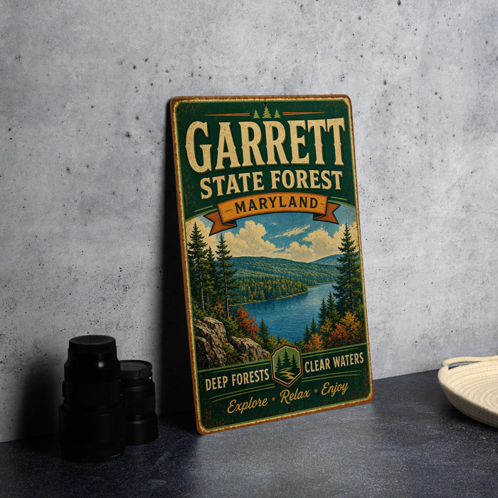 A vintage-style metal sign for Garrett State Forest, Maryland, featuring a scenic landscape with pine trees, a lake, and mountains.