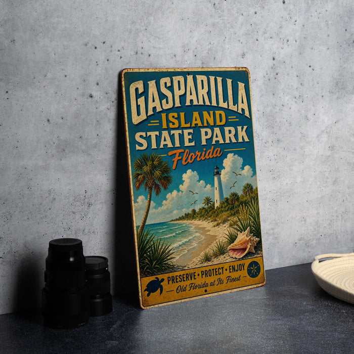 A vintage-style metal sign for Gasparilla Island State Park in Florida, featuring a beach scene with palm trees, a lighthouse, and a seashell.