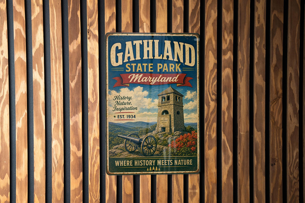 A vintage metal sign for Gathland State Park, Maryland, featuring a tower and a cannon, mounted on a wooden wall.