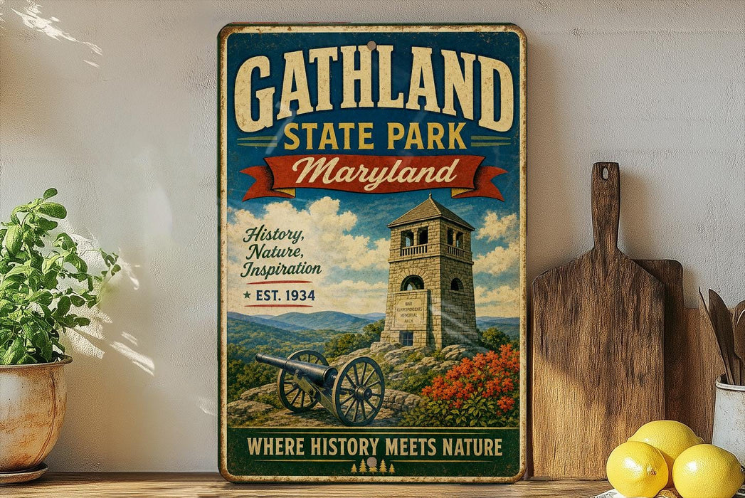 A vintage-style metal sign for Gathland State Park, Maryland, featuring a castle, a tower, and a landscape with mountains and flowers.