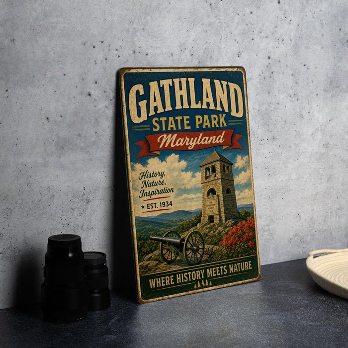 A vintage metal sign for Gathland State Park, Maryland, featuring a tower and a scenic landscape.