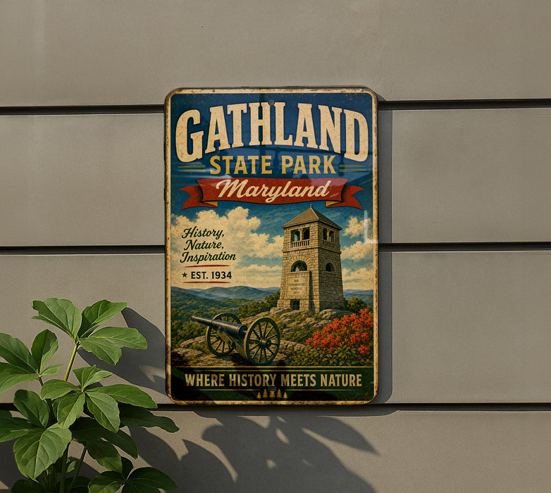 A vintage metal sign for Gathland State Park in Maryland, featuring a castle, flowers, and a cannon, mounted on a gray wall.