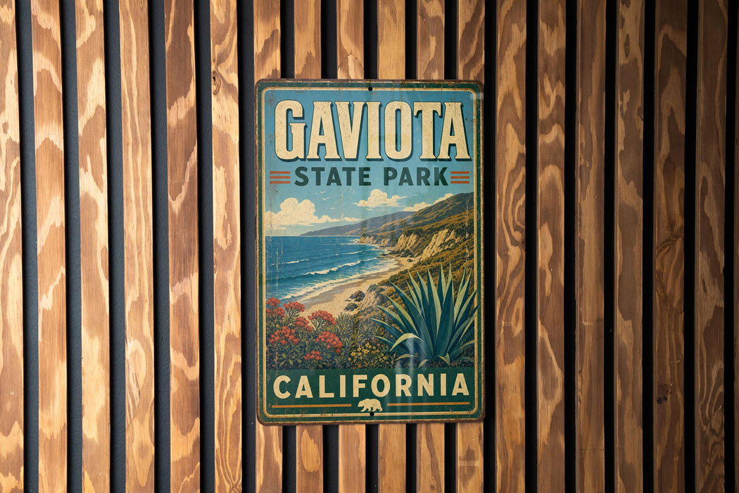 A vintage metal sign for Gavito State Park in California, featuring a scenic landscape with mountains, cliffs, and a beach.