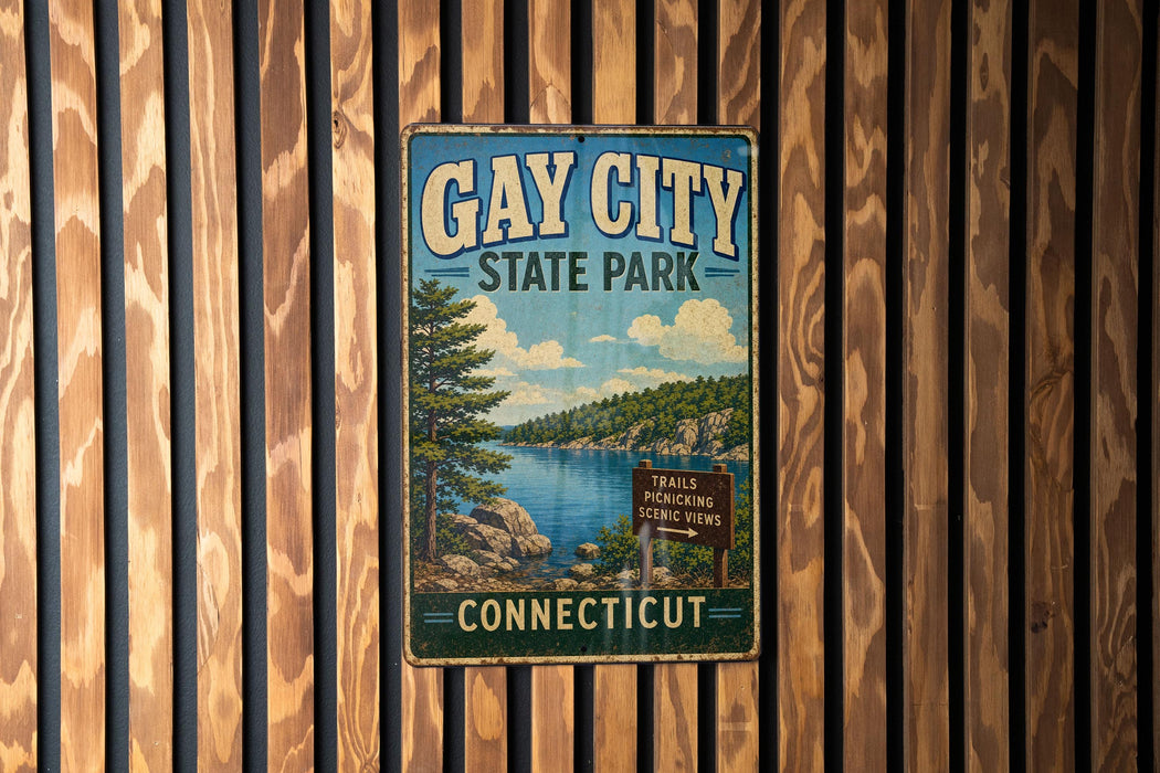 A vintage metal sign for Gay City State Park in Connecticut, featuring a scenic landscape with a lake and trees.