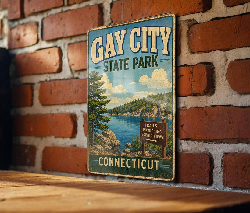 A vintage metal sign for Gay City State Park in Connecticut, featuring a scenic landscape with a lake and mountains.