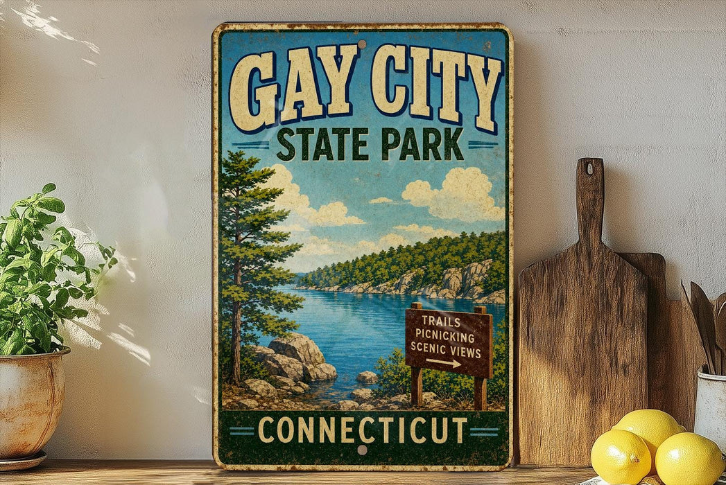 A vintage-style sign for Gay City State Park in Connecticut, featuring a scenic landscape with a lake and mountains.