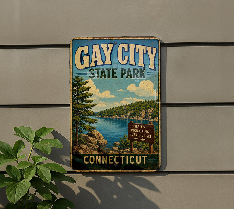 A vintage metal sign for Gay City State Park in Connecticut, featuring a scenic landscape with a lake and mountains.