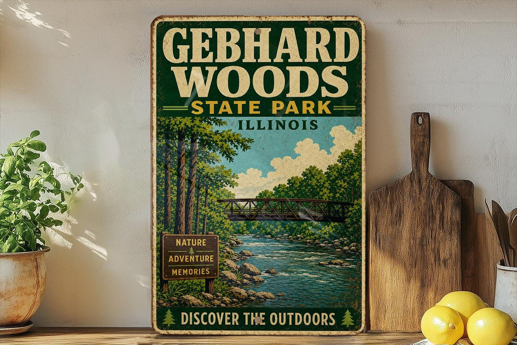 A vintage-style metal sign for Gebhard Woods State Park in Illinois, featuring a scenic illustration of a river and forest.