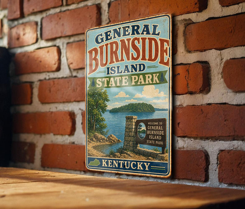 A vintage metal sign for General Burnside Island State Park in Kentucky, featuring a scenic illustration of the island and its surrounding landscape.