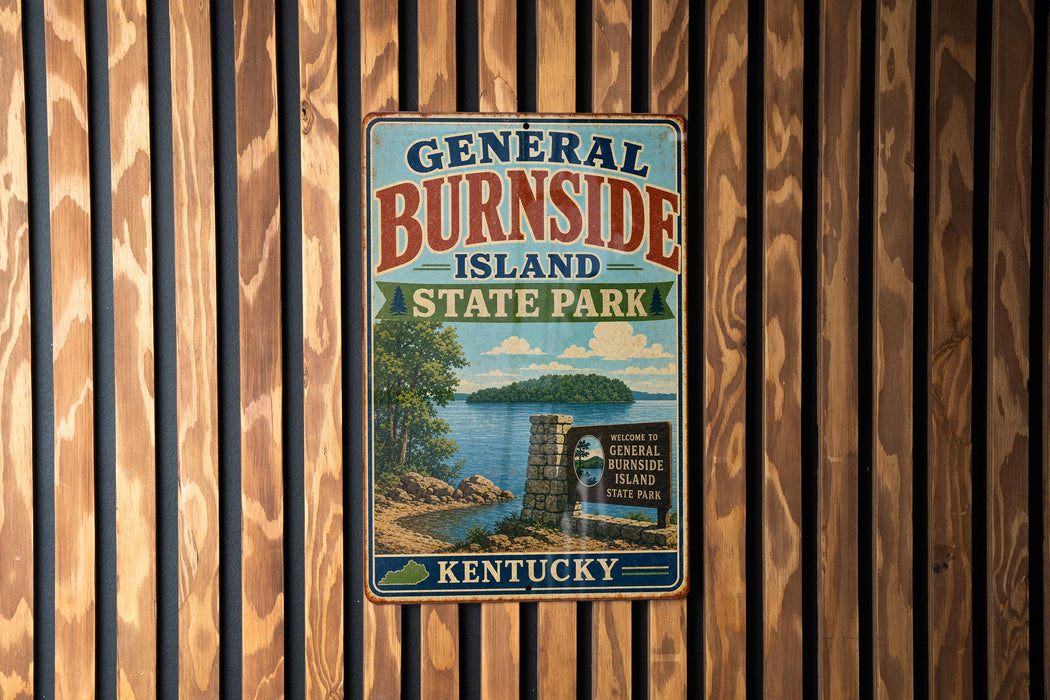 A vintage metal sign for General Burnside Island State Park in Kentucky, featuring a scenic illustration of the island and its surrounding landscape.