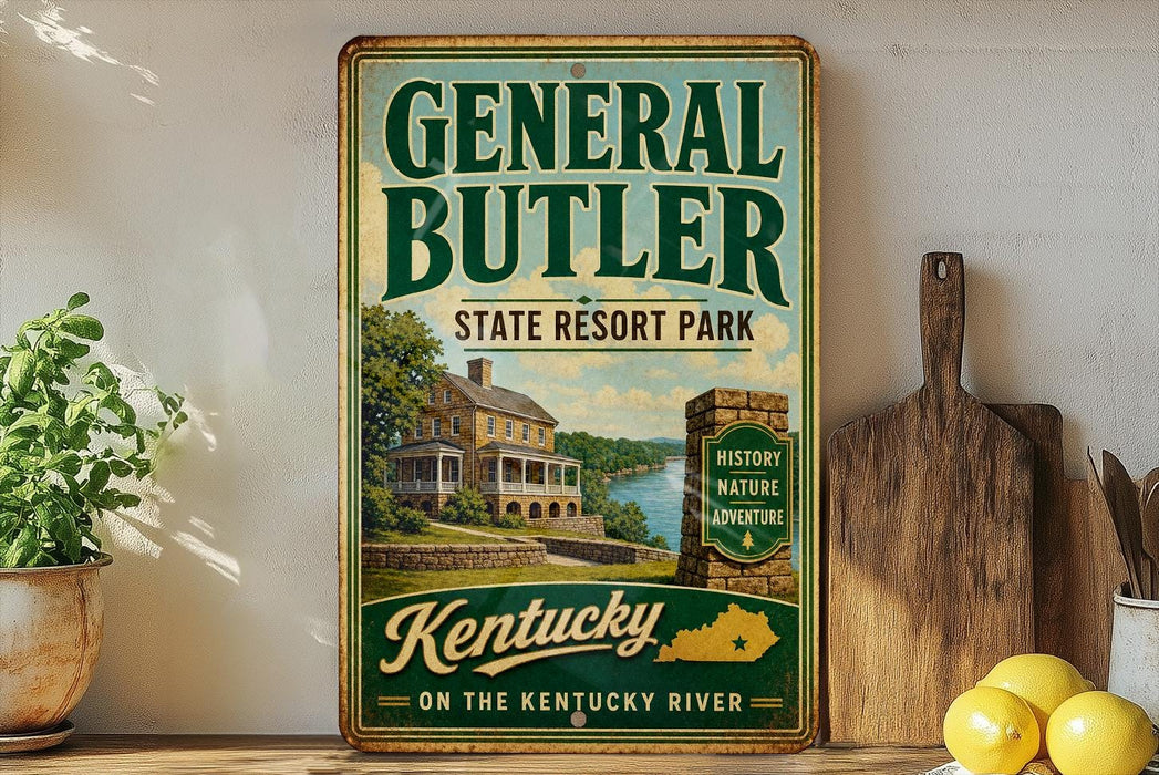 A vintage-style sign for General Butler State Resort Park in Kentucky, featuring a scenic image of the park and the Kentucky River.