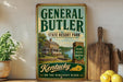 A vintage-style sign for General Butler State Resort Park in Kentucky, featuring a scenic image of the park and the Kentucky River.