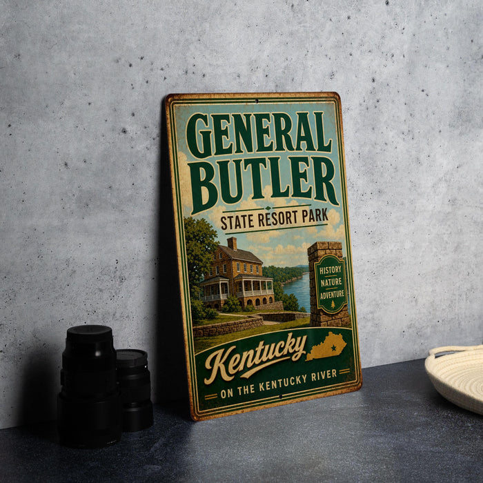 A vintage-style metal sign for General Butler State Resort Park in Kentucky, featuring a house and a river, is displayed on a gray countertop.