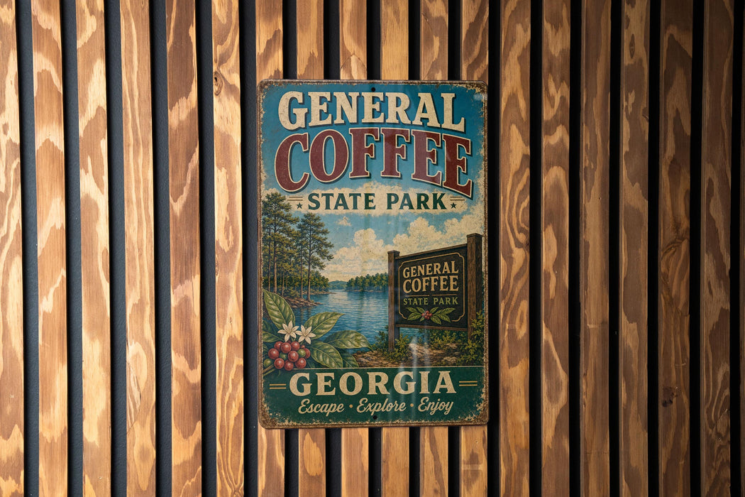 A vintage-style metal sign for General Coffee State Park in Georgia, featuring a scenic landscape with a lake and trees.