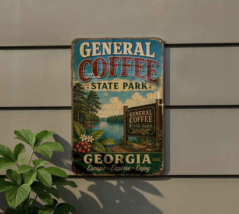 A vintage-style metal sign for General Coffee State Park in Georgia, featuring a scenic landscape with a lake and trees.