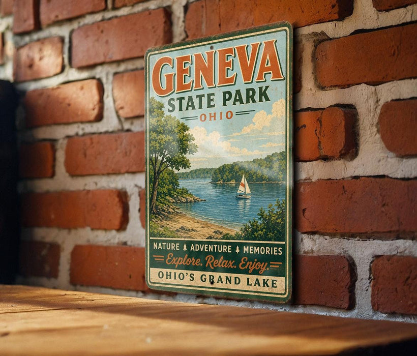 a vintage-style sign for Geneva State Park, Ohio, hanging on a brick wall.