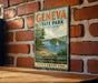 a vintage-style sign for Geneva State Park, Ohio, hanging on a brick wall.