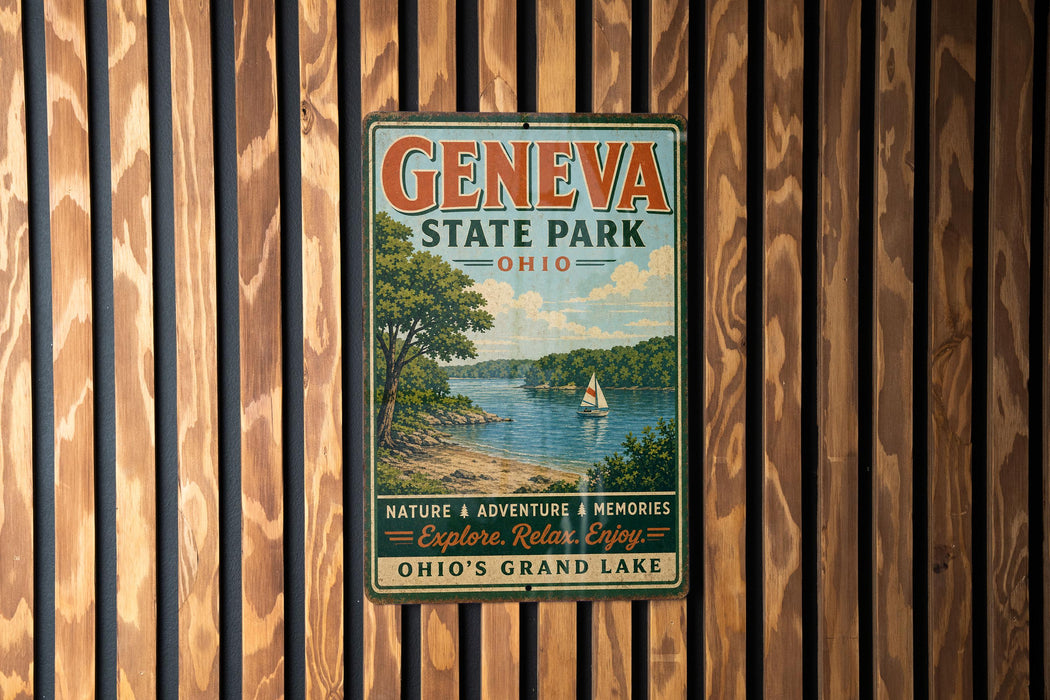 A vintage-style metal sign for Geneva State Park in Ohio, featuring a scenic image of a lake with a sailboat, surrounded by trees and mountains.