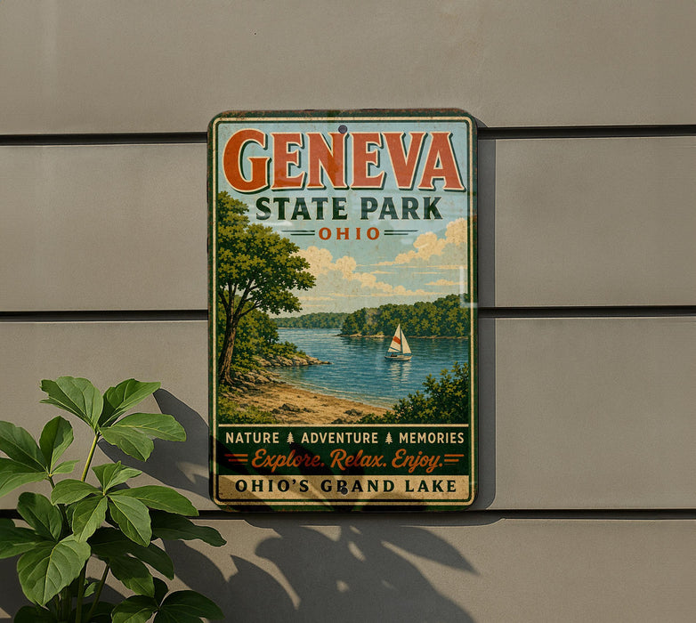 a vintage-style sign for GenEVA State Park, Ohio, with a scenic lake and trees in the background.