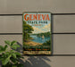 a vintage-style sign for GenEVA State Park, Ohio, with a scenic lake and trees in the background.