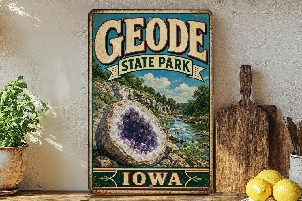 A vintage-style sign for Geode State Park in Iowa, featuring a large purple geode and a scenic landscape.