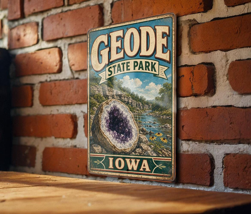 A vintage-style sign for Geode State Park in Iowa, featuring a large geode and a scenic landscape.