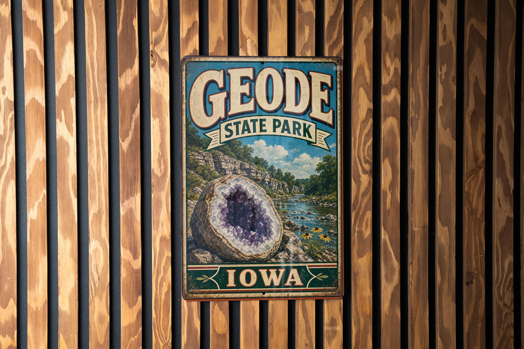 A vintage metal sign for Geode State Park in Iowa, featuring a large geode and a scenic landscape.