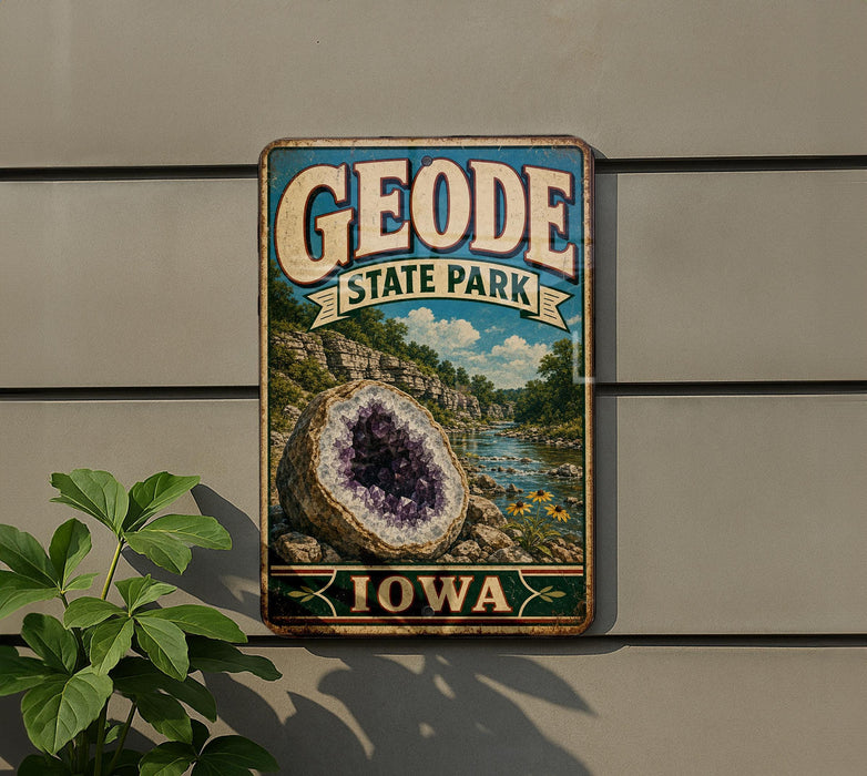 A vintage-style metal sign for Geode State Park in Iowa, featuring a large purple geode and a scenic landscape.