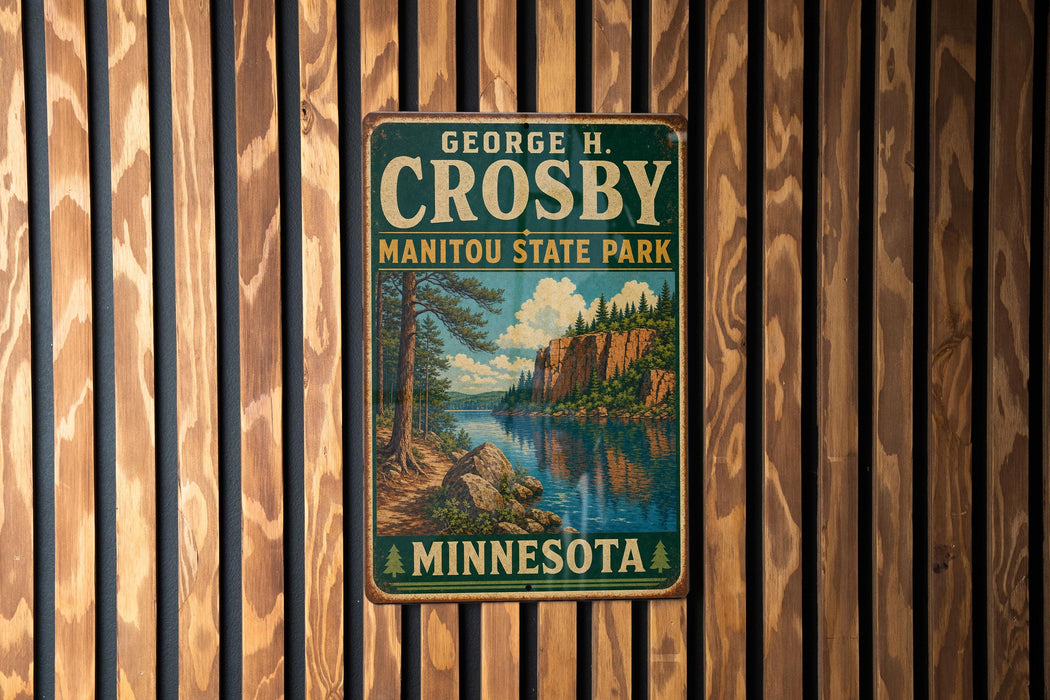 A vintage metal sign for George H. Crosby, Minnesota State Park, mounted on a wooden wall.
