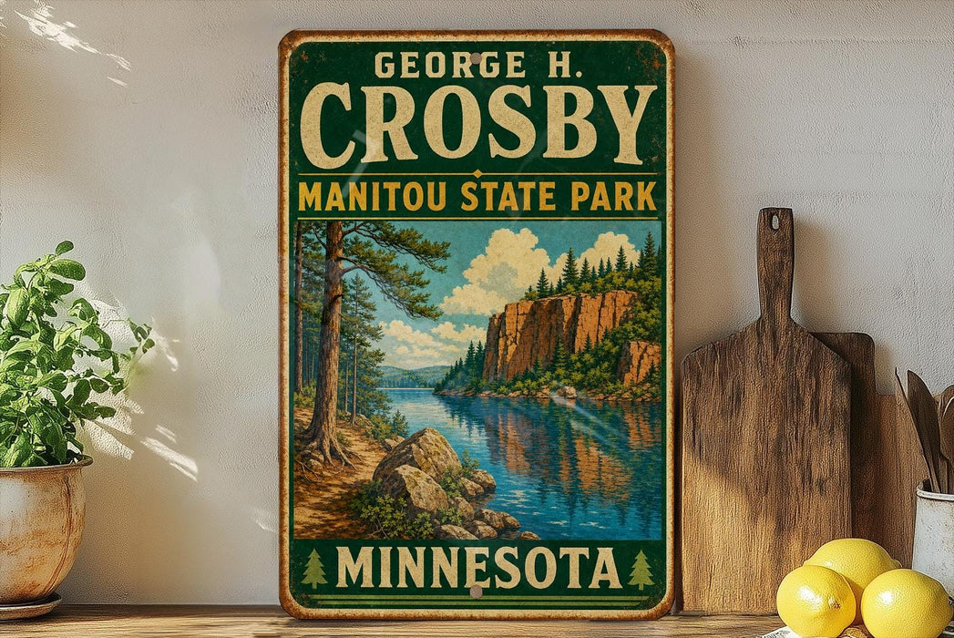 A vintage-style metal sign for George H. Crosby Manitou State Park in Minnesota, featuring a scenic landscape with a lake and mountains.