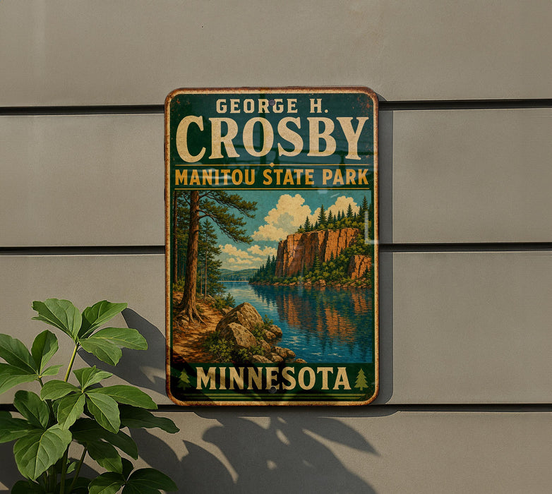 A vintage metal sign for George H. Crosby, Minnesota State Park, featuring a scenic landscape with a lake and mountains.