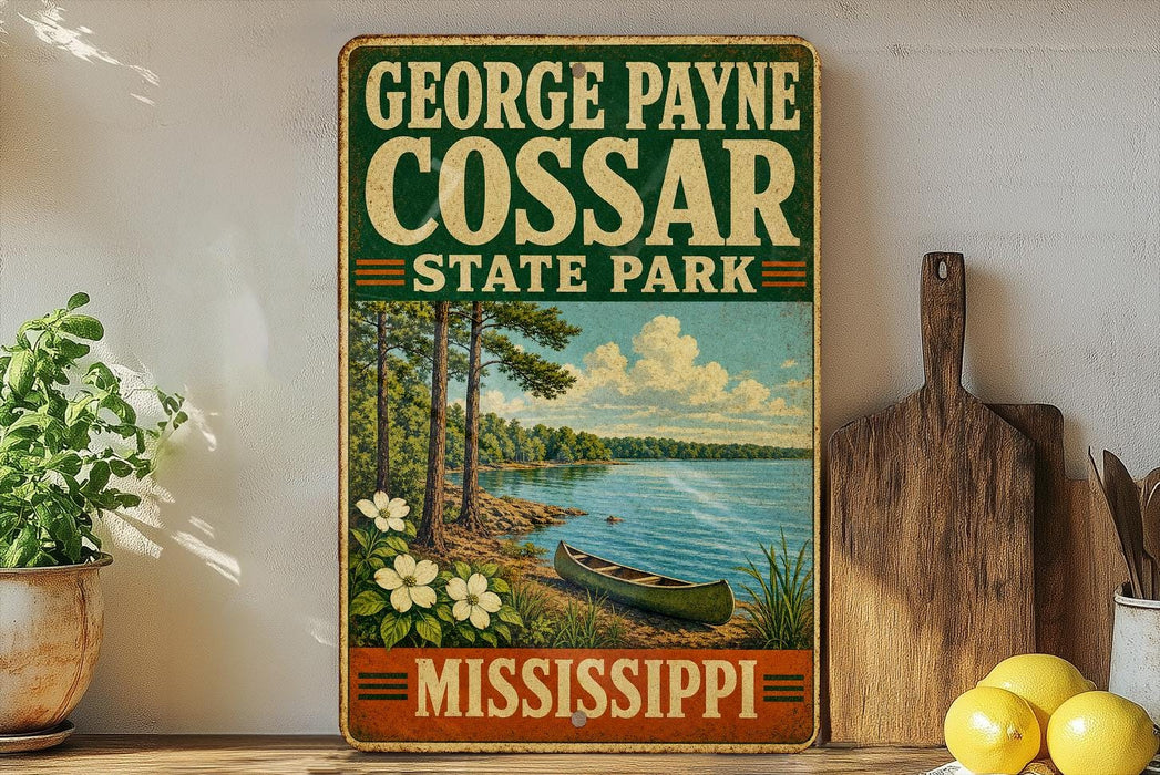 A vintage-style sign for George Payne Cossar State Park in Mississippi, featuring a scenic image of a lake, trees, and a canoe.