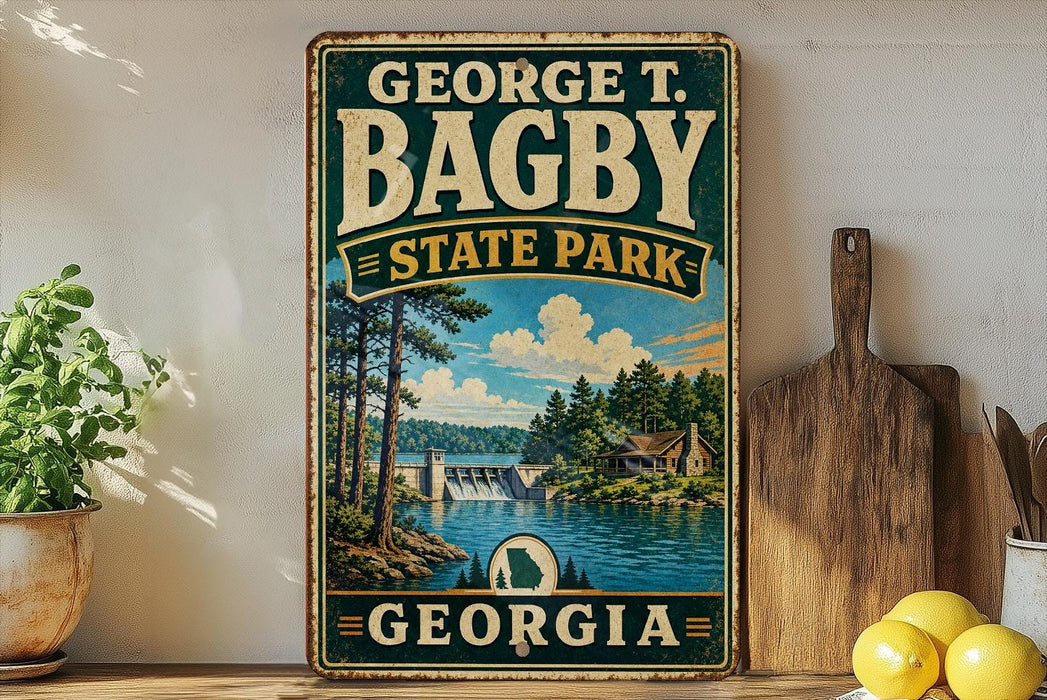 A vintage-style metal sign for George T. Bagby State Park in Georgia, featuring a scenic landscape with a lake, forest, and waterfall.
